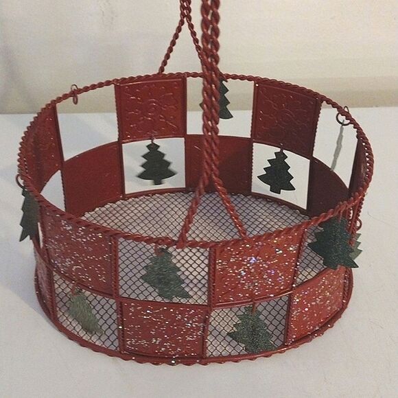 VTG Red Green Wired Metal Christmas Basket with Hanging Trees - Picture 3 of 16